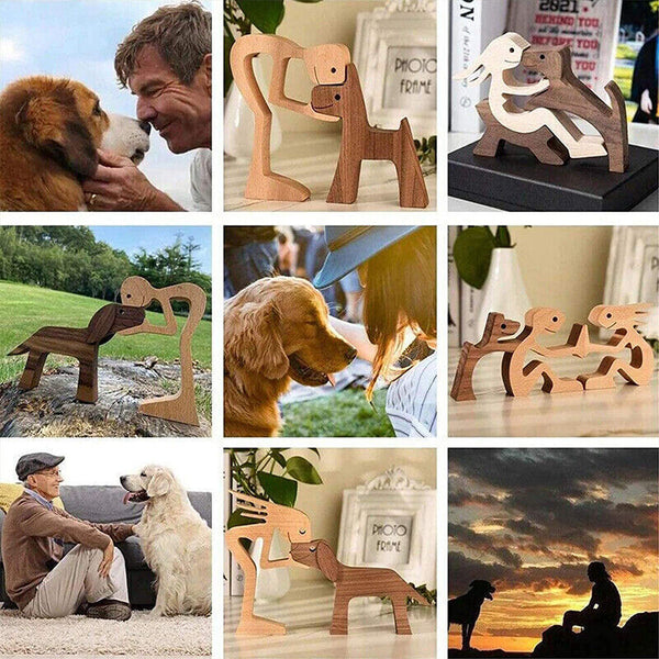 Handmade Wooden Statue, Sitting Woman and Dog, Wood Decor Craft DIY Home Decor