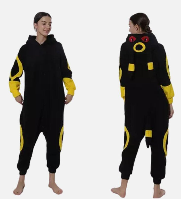 Black Fox (Yellow Rings) kigurumi onesie, front and back view