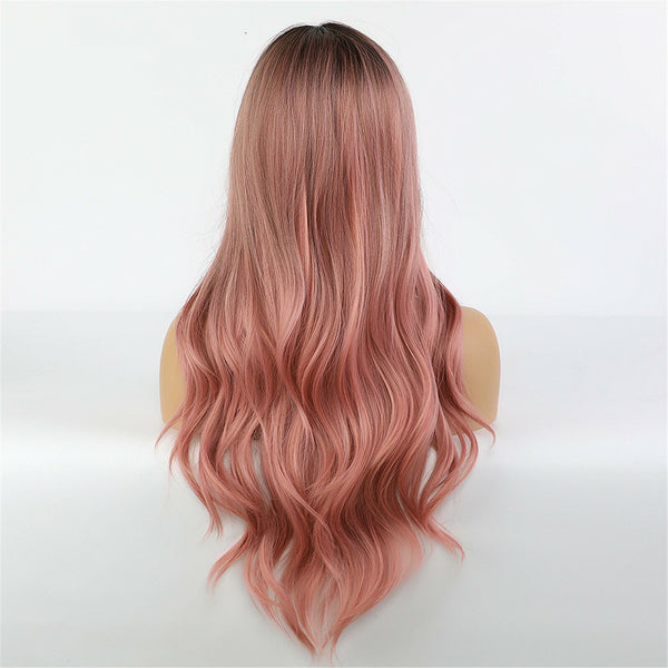 Women Long Wig Color Pink hair Ombre Rose Hair Taro Hairstyle Black Wavy hair AU