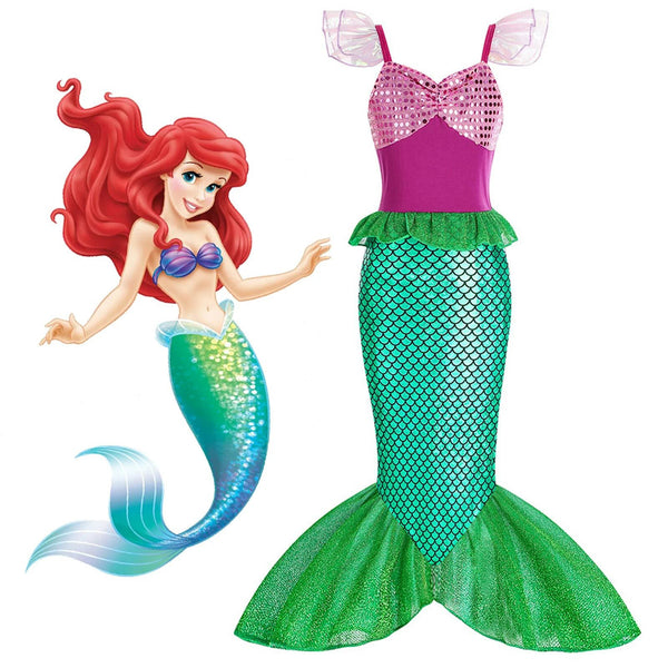 Ariel graphic beside green and pink mermaid dress