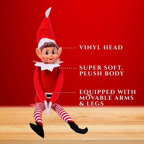 Christmas elf doll features: vinyl head, soft plush body, movable arms and legs