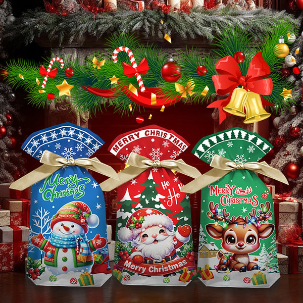 Santa, snowman and reindeer Christmas gift bags tied with gold ribbon in front of a fireplace