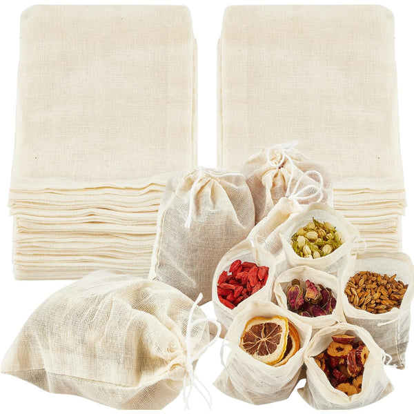 40PCS Reusable Cotton Muslin Filter Bags Spices Herbs Tea Soup Drawstring 3 Size