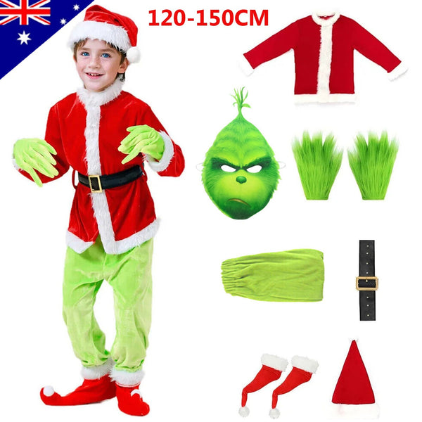 Kids green grump Christmas costume with red Santa jacket, green pants, gloves, hat, belt and mask