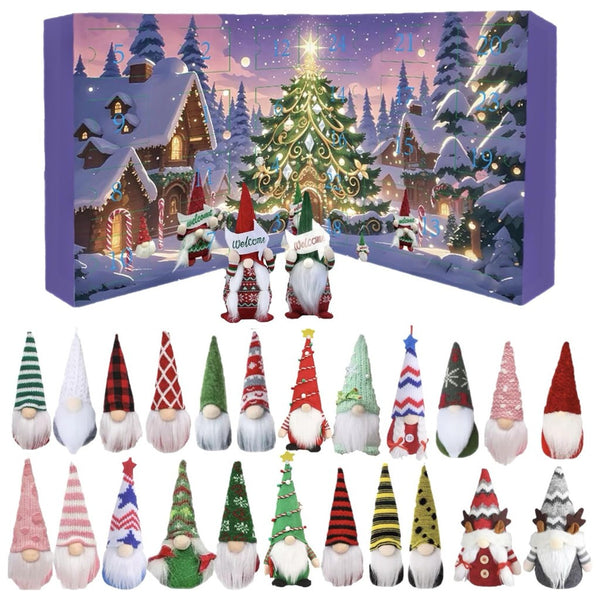 Purple Christmas tree scene gnome countdown calendar with 24 gnomes