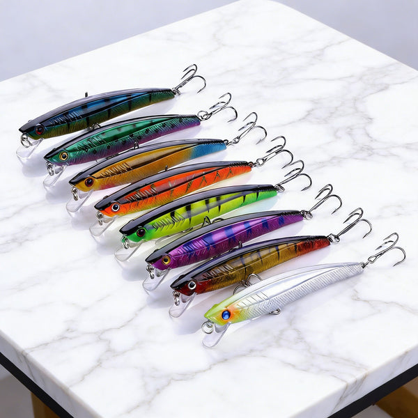 8pcs Minnow Fishing Lures Set | 9.3cm Shallow Diving Hard Baits for Trout, Bream, Salmon & Flathead