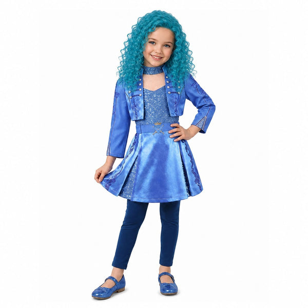 Girl wearing Descendants Chloe costume front view with teal wig