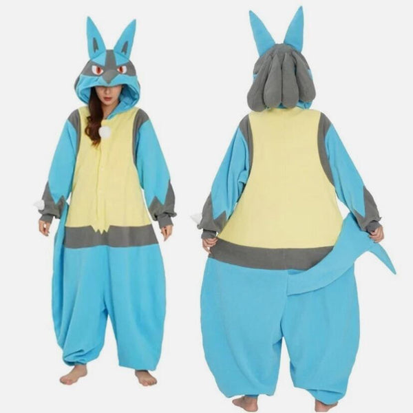 Blue Jackal kigurumi onesie, front and back view