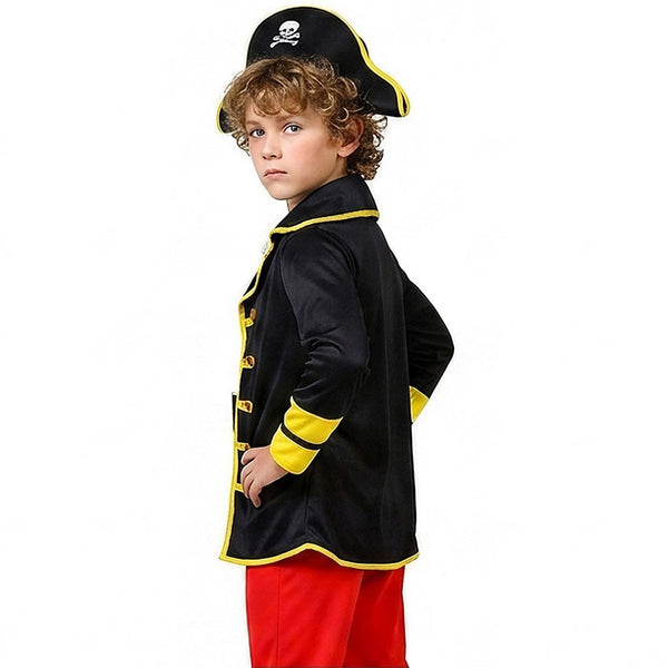 Back view of the boys pirate captain costume jacket and hat