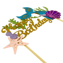 2PCS 16cm Mermaid Tail Cake Topper Sea Shell Party Supplies Happy Birthday Decor