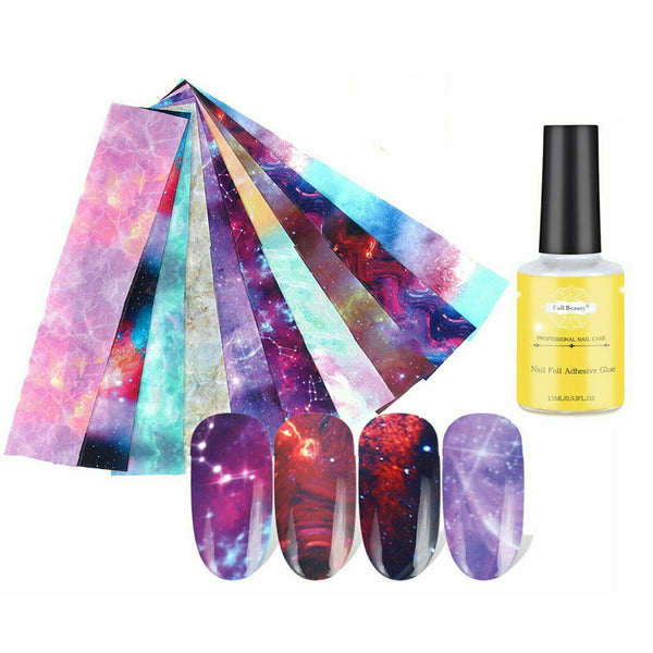 Set of 10 Styles Galaxy Marble Transfer Foil Paper Star Glue Nail Art Stickers