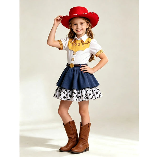 Girl in Jessie cowgirl costume holding her red hat