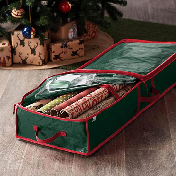 Open green bag with rolls of wrapping paper held by straps