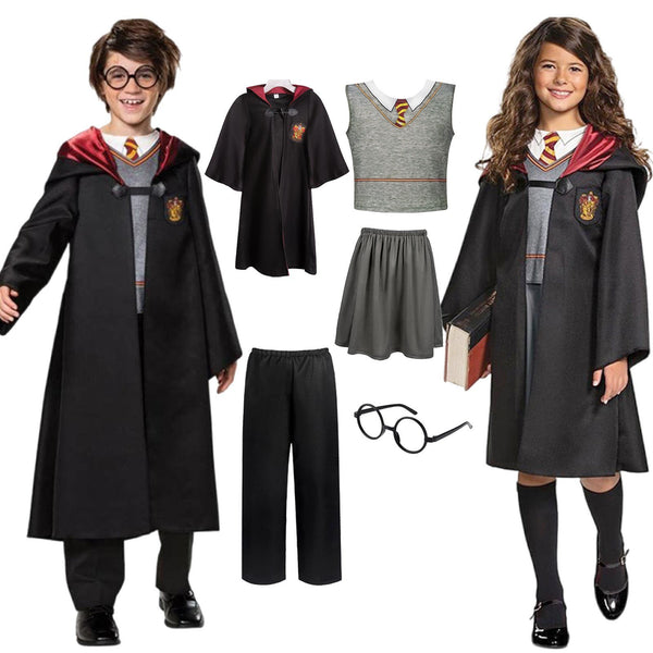 Wizard costume kids school uniform with black robe, grey top, trousers and skirt shown on two children