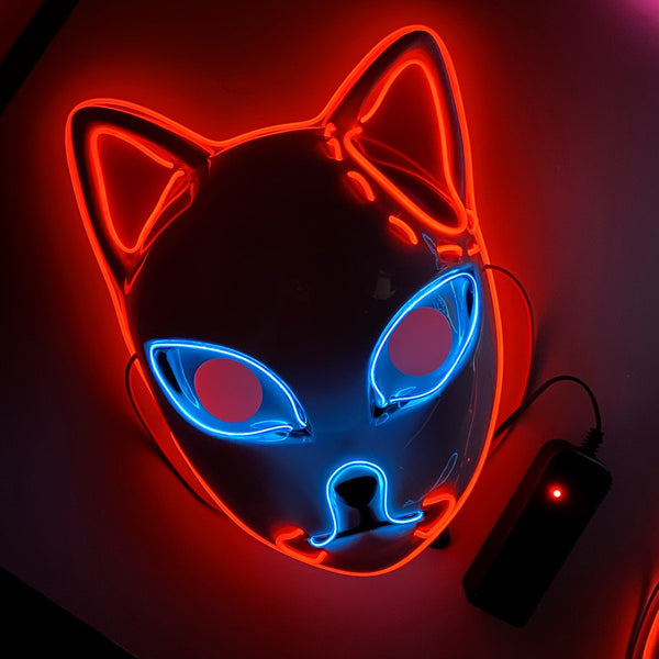 Red glowing kitsune mask with battery box - LED light up mask