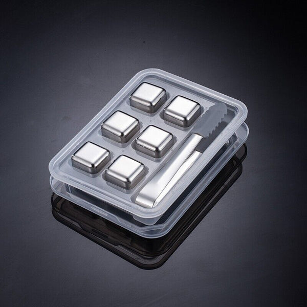Stainless Steel Whiskey Stones x 8 Ice Cubes With Tong Reusable Cooling Ice Cube