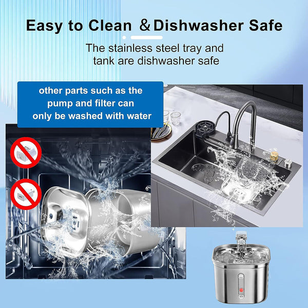 2.2L Stainless Steel Water Fountain Pet Dog Cat Drinking Dispenser Filter Feeder