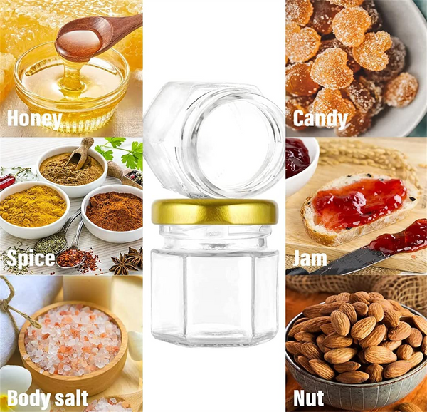 50Pack Hexagon Mini Glass Honey Jars with Wood Dipper Gold Lid Bee Pendants Rope