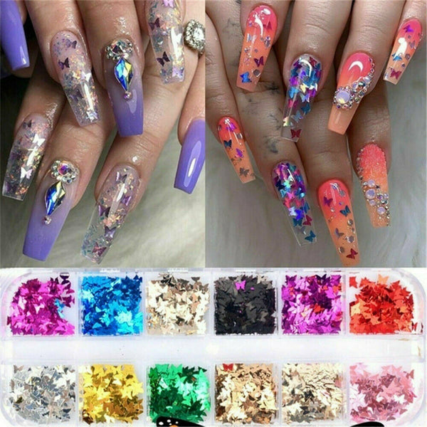 ❥ Nail Sequins Nail Art Flakes Glitter Foil Butterfly 3D Laser Holographic DIY