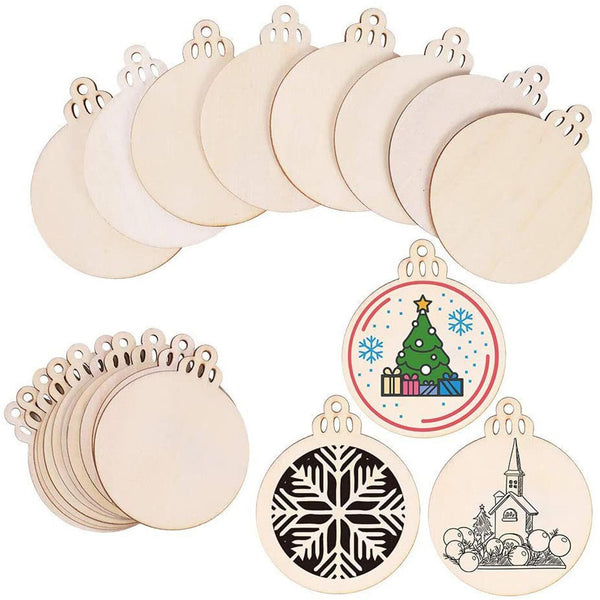 Blank round wooden ornaments with painted tree, snowflake and church examples