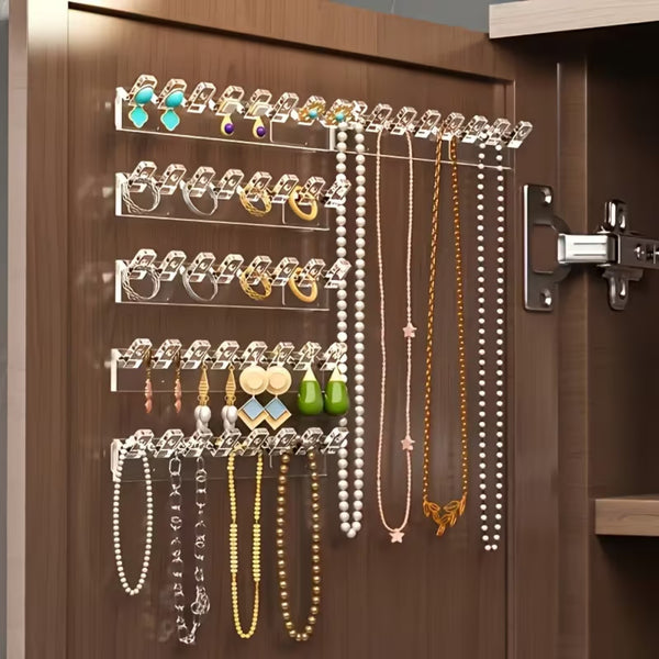 6pcs Wall Mounted Necklace Holder | Transparent Jewelry Organizer with 8 Hooks