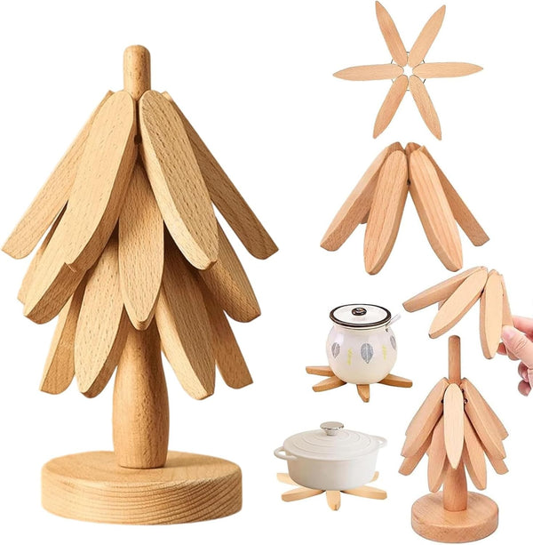 Natural wood Christmas tree trivet set with 3 trivets