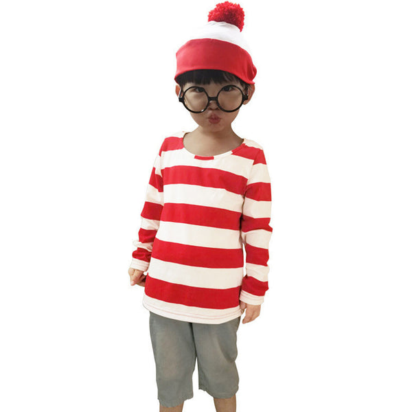Women Men Kids Wheres Wally T-shirt Glasses Hat Socks Christmas Costume Cosplay