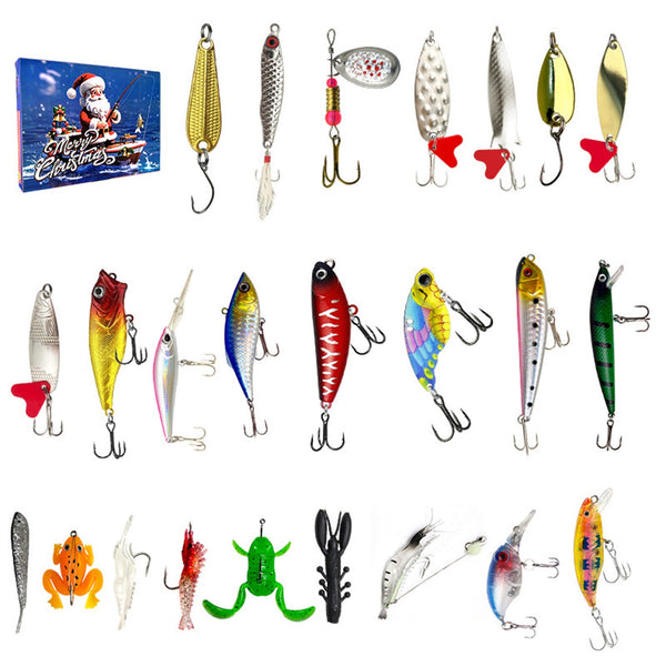 24 day fishing advent calendar lure assortment beside the Santa fishing boat box
