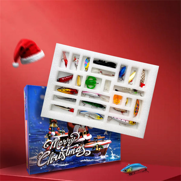 Fishing lure advent calendar foam insert with minnows and spoons in front of the Santa box