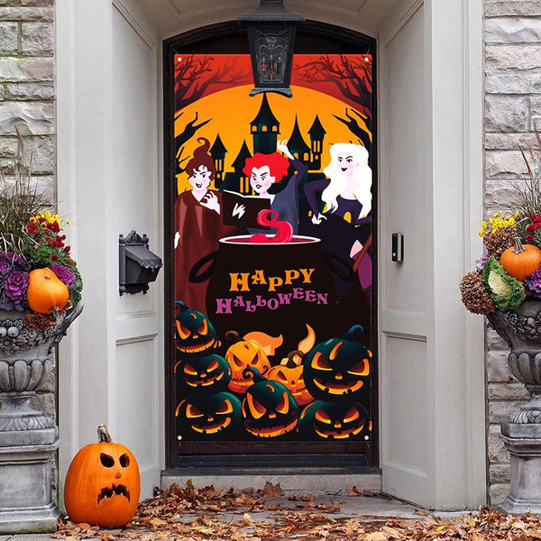Spooky printed door banner used as a party photo backdrop