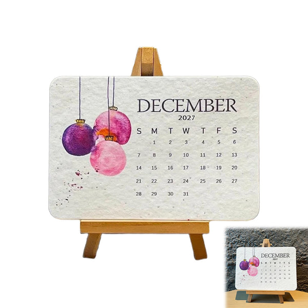 Mini 2027 desk calendar with bauble illustration and inset photo