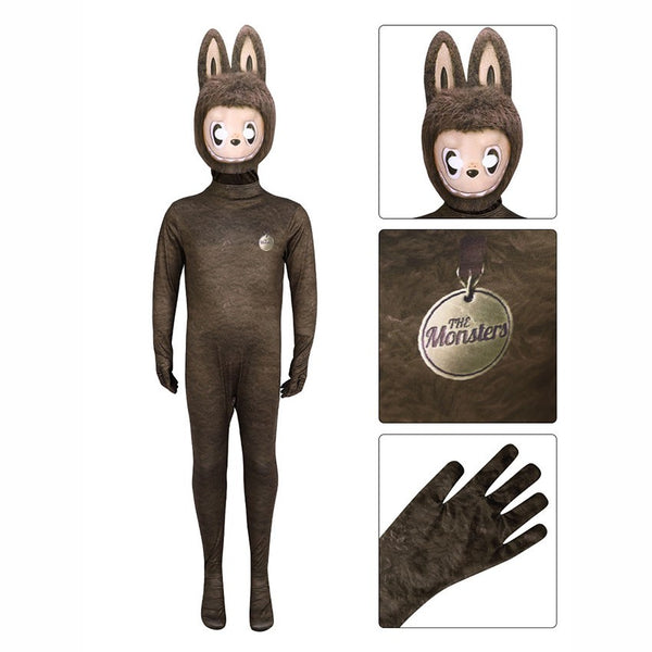 Brown Labubu costume hood mask close-up – bunny ears and face