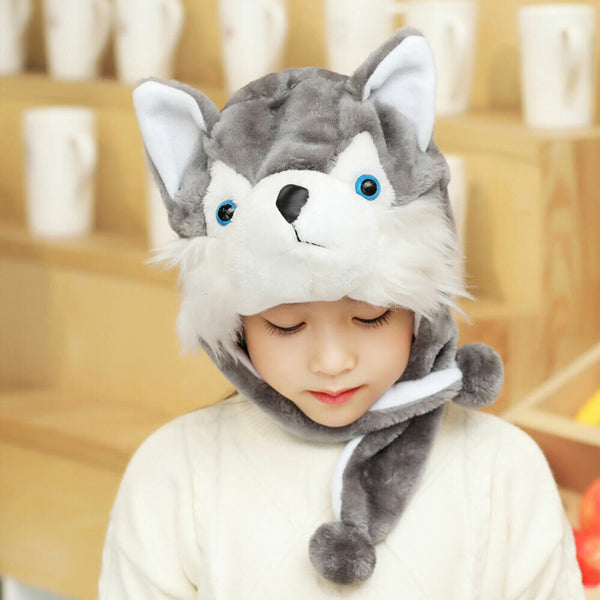 Dog Hat Dress Up Warm Plush Winter Adults Kids Snow Wolf Animal Costume Beanie