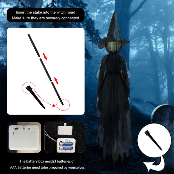 Halloween witch decoration lit up at night