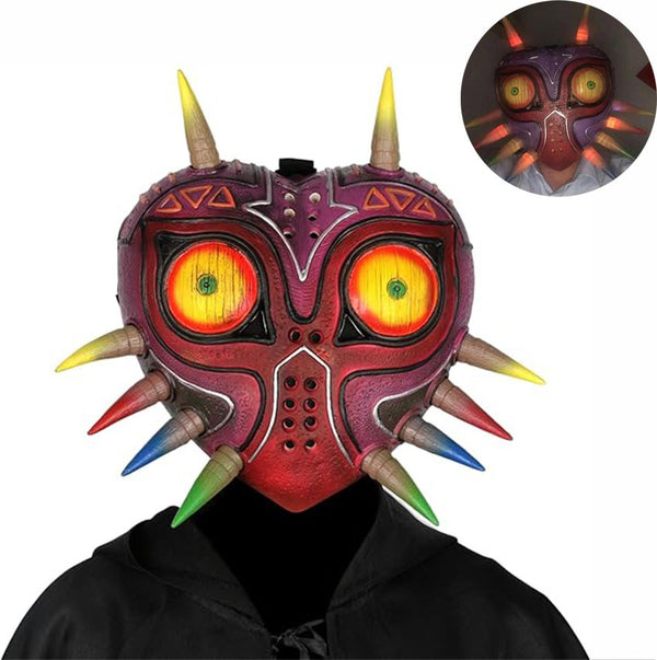 Majora's Mask Legend of Zelda cosplay mask worn with hood – glowing LED eyes