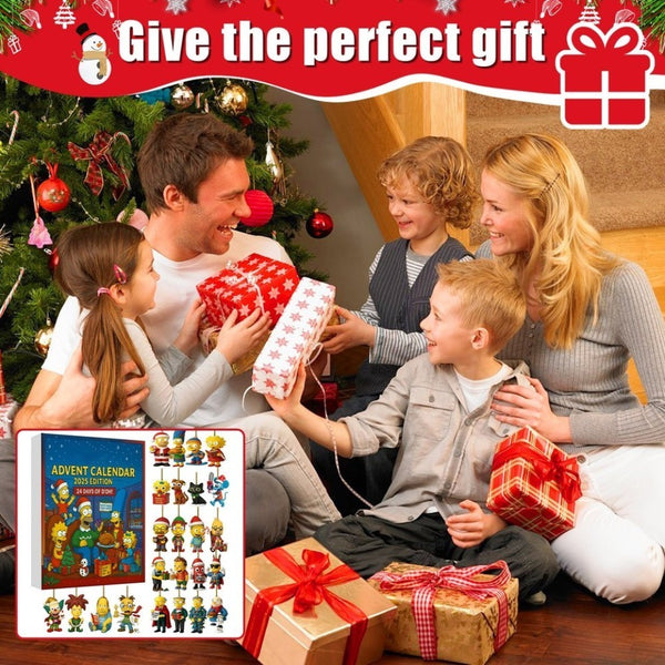 Family opening a cartoon advent calendar at Christmas