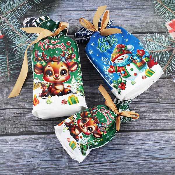 Reindeer, snowman and Santa Christmas gift bags tied closed