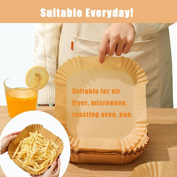 Air fryer paper liner with chips, also suitable for microwave and oven