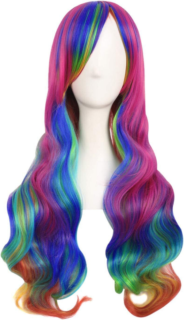 Women 70cm Long Rainbow Wavy Curly Cosplay Wig Party Costume Wig Hair Lolita Wig