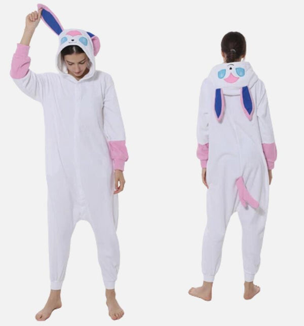 White & Pink Ribbon Fox kigurumi onesie, front and back view