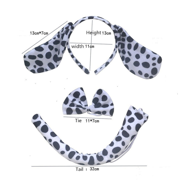 Dalmatian costume size diagram - headband 13x7cm ears, tail 32cm, bowtie - Lets Party