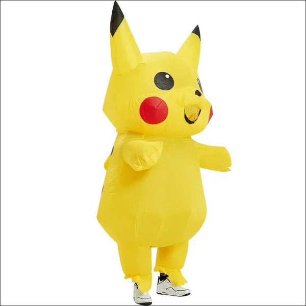 Side view of inflatable Pikachu costume being worn while walking