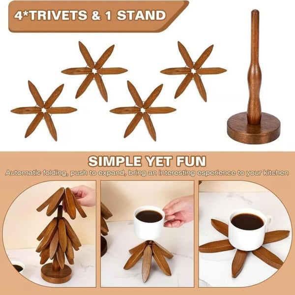 4 trivets and 1 stand: fold, push to open and use under a coffee cup