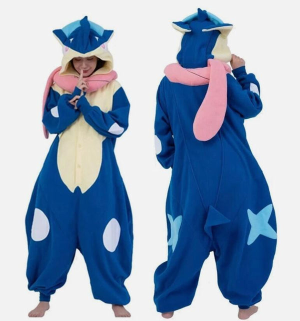 Blue Ninja Frog kigurumi onesie, front and back view