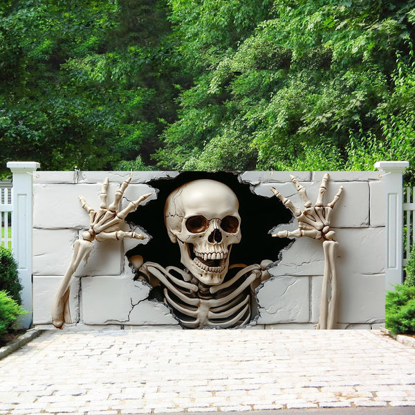 Spooky Halloween banner used as a party photo backdrop indoors
