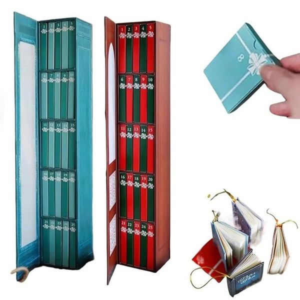 Blue and red book advent calendars open with mini book ornaments