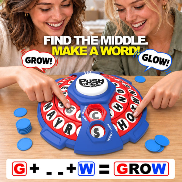 Two players pressing the spelling game wheel to find letters and make a word such as GROW