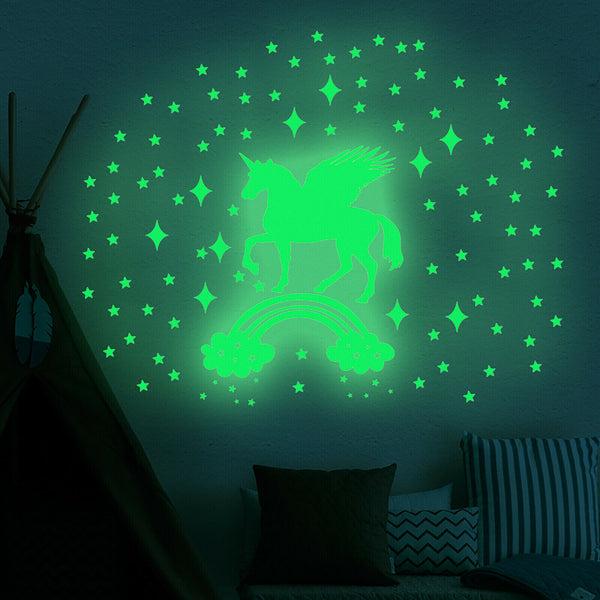 Glow In The Dark Rainbow Moon Stars Unicorn Wall Sticker Kids Room Fun Decor