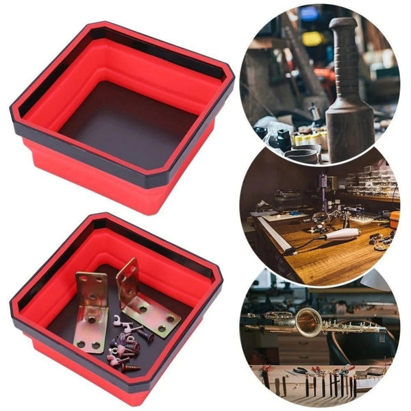 Magnetic parts tray in use during a car repair