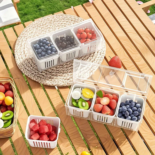 2 sets of reusable food storage containers with LIDS including 3 square draining